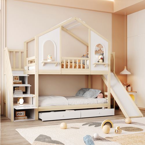 Lit Superposé Enfant 90×200 Cm - Maison - Toboggan - Rangement Intégré - Bois - Blanc