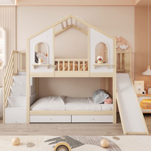 Lit Superposé Enfant 90×200 Cm - Maison - Toboggan - Rangement Intégré - Bois - Blanc