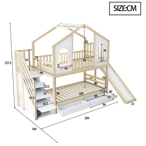Lit Superposé Enfant 90×200 Cm - Maison - Toboggan - Rangement Intégré - Bois - Blanc