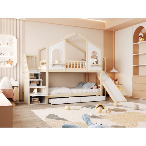 Lit Superposé Enfant 90×200 Cm - Maison - Toboggan - Rangement Intégré - Bois - Blanc