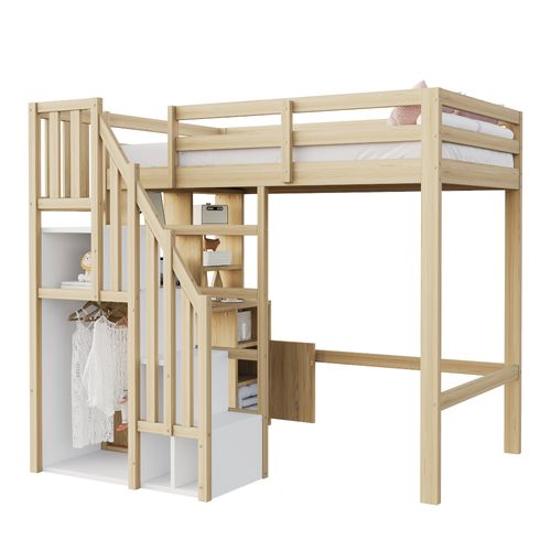 Lit Mezzanine 90x200 Cm - Bureau Et Rangement - Armoire Intégrée - Échelle Sécurisée - Bois Naturel