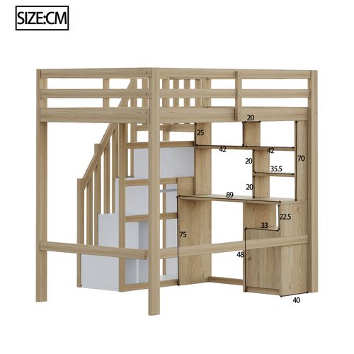 Lit Mezzanine 90x200 Cm - Bureau Et Rangement - Armoire Intégrée - Échelle Sécurisée - Bois Naturel