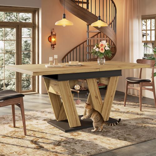 Table à Manger Extensible - Rangement Intégré - Pieds En W - Mdf Et Panneau De Particules - Naturel