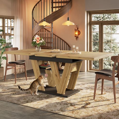 Table à Manger Extensible - Rangement Intégré - Pieds En W - Mdf Et Panneau De Particules - Naturel