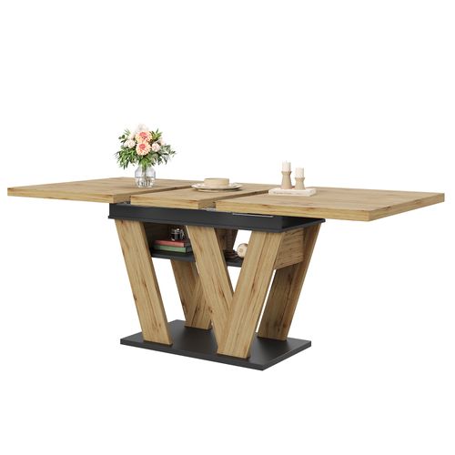 Table à Manger Extensible - Rangement Intégré - Pieds En W - Mdf Et Panneau De Particules - Naturel