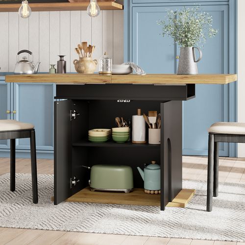 Table à Manger Extensible - 4 à 6 Personnes - Rangement Intégré - Mdf Et Métal - Noir Et Naturel