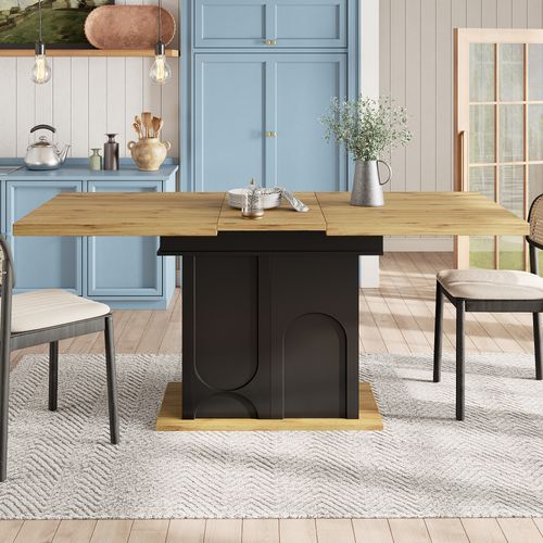 Table à Manger Extensible - 4 à 6 Personnes - Rangement Intégré - Mdf Et Métal - Noir Et Naturel