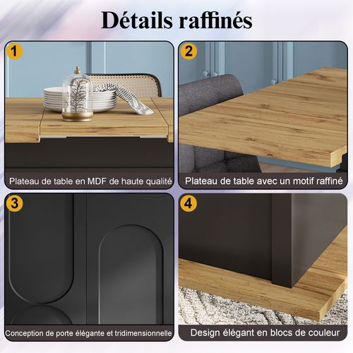 Table à Manger Extensible - 4 à 6 Personnes - Rangement Intégré - Mdf Et Métal - Noir Et Naturel