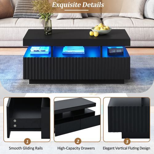 Table Basse - LED Intégrée Et 2 Tiroirs à Rayures Verticales - Panneau De Particules - Noir