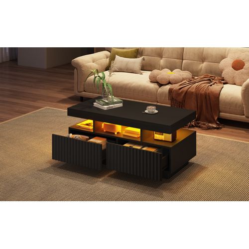 Table Basse - LED Intégrée Et 2 Tiroirs à Rayures Verticales - Panneau De Particules - Noir