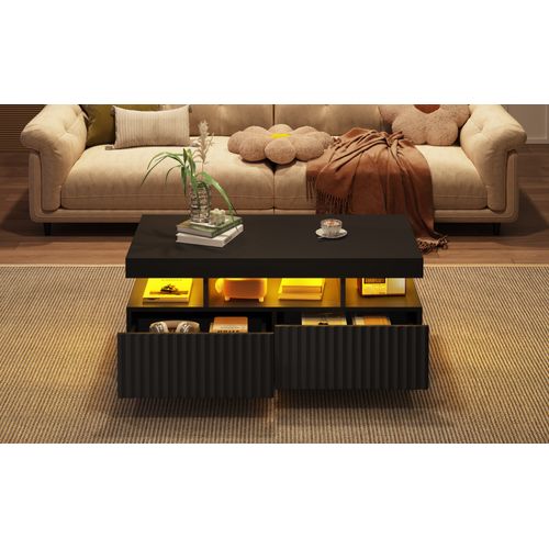 Table Basse - LED Intégrée Et 2 Tiroirs à Rayures Verticales - Panneau De Particules - Noir