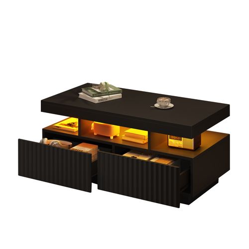 Table Basse - LED Intégrée Et 2 Tiroirs à Rayures Verticales - Panneau De Particules - Noir