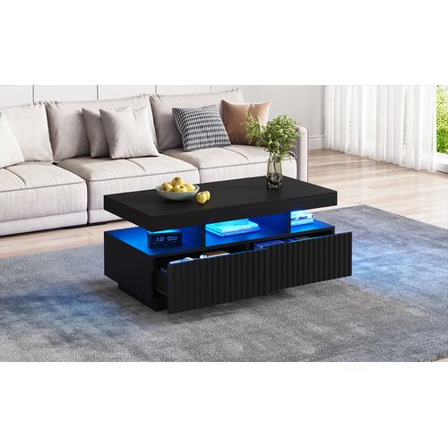 Table Basse - LED Intégrée Et 2 Tiroirs à Rayures Verticales - Panneau De Particules - Noir