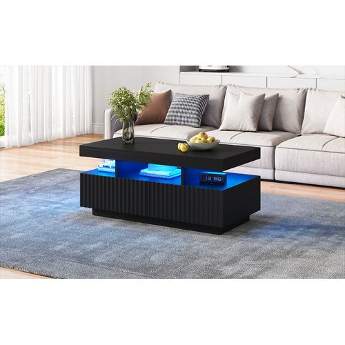 Table Basse - LED Intégrée Et 2 Tiroirs à Rayures Verticales - Panneau De Particules - Noir