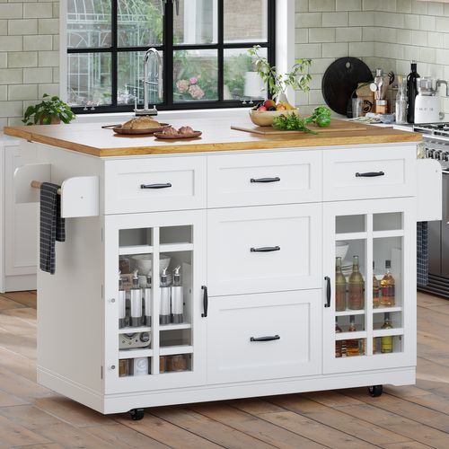 Meuble De Cuisine, Îlot Mobile Avec 5 Tiroirs, 2 Portes Et Étagère Réglable, Blanc