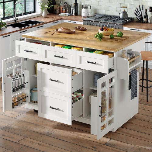 Meuble De Cuisine, Îlot Mobile Avec 5 Tiroirs, 2 Portes Et Étagère Réglable, Blanc