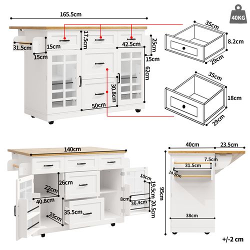Meuble De Cuisine, Îlot Mobile Avec 5 Tiroirs, 2 Portes Et Étagère Réglable, Blanc