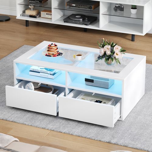 Table Basse LED - Plateau En Verre Trempé Double Niveau - 2 Tiroirs Et Rangement Ouvert - Blanc