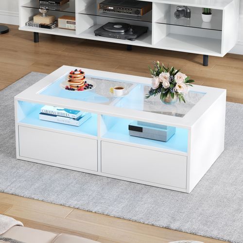 Table Basse LED - Plateau En Verre Trempé Double Niveau - 2 Tiroirs Et Rangement Ouvert - Blanc
