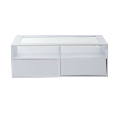 Table Basse LED - Plateau En Verre Trempé Double Niveau - 2 Tiroirs Et Rangement Ouvert - Blanc