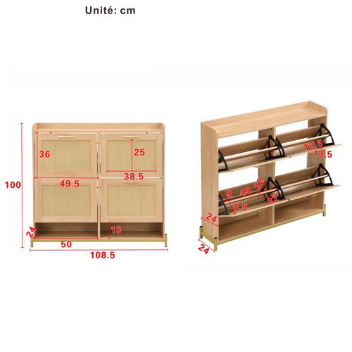 Meuble à Chaussures 4 Portes - Rangement Et Portes Rotin - Contemporain - Chêne Clair