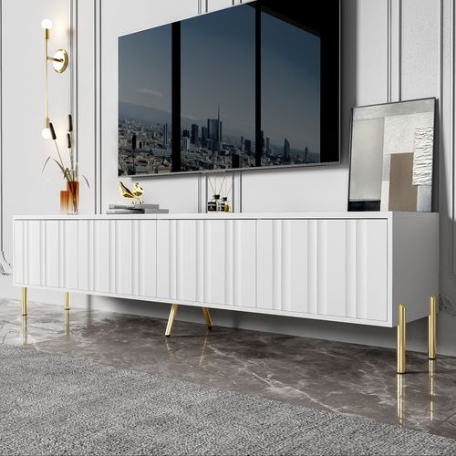 Meuble TV Moderne Blanc - Avec Pieds Métal Doré Et Portes à Rainures, 190x38x48 Cm