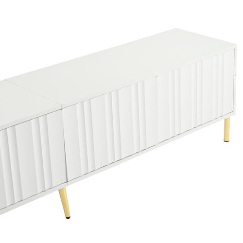 Meuble TV Moderne Blanc - Avec Pieds Métal Doré Et Portes à Rainures, 190x38x48 Cm