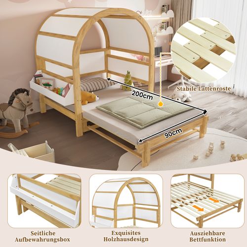 Lit Gigogne 140x200 Cm - Lit Coulissant Type Canapé - Rangement Latéral -mdf - Blanc+naturel