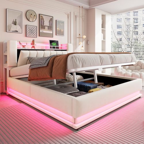 Lit Coffre Double 180x200 Cm - LED Et USB - Ouverture Hydraulique - Grand Rangement - Velours -beige