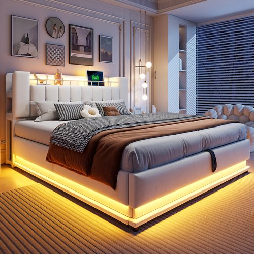 Lit Coffre Double 180x200 Cm - LED Et USB - Ouverture Hydraulique - Grand Rangement - Velours -beige