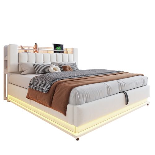 Lit Coffre Double 180x200 Cm - LED Et USB - Ouverture Hydraulique - Grand Rangement - Velours -beige