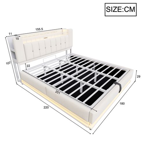 Lit Coffre Double 180x200 Cm - LED Et USB - Ouverture Hydraulique - Grand Rangement - Velours -beige