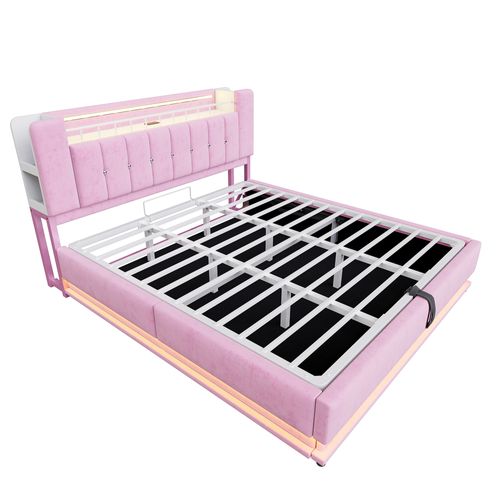 Lit Coffre Double 180x200 Cm - LED - Port USB - Rangement Intégré - Velours - Rose