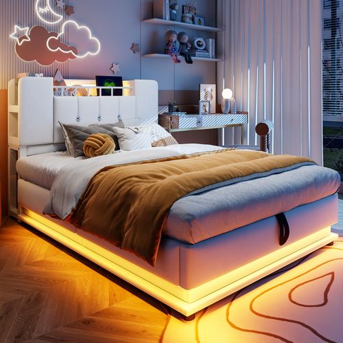 Lit Coffre Enfant 90x200 Cm -éclairage LED Et USB - Rangement - Ouverture Hydraulique -velours Beige