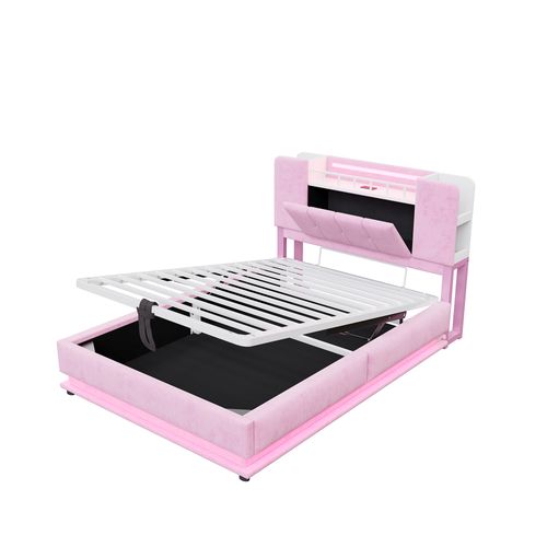 Lit Coffre Enfant 90x200 Cm - Rangement - Éclairage LED - USB Et Système Hydraulique - Velours Rose