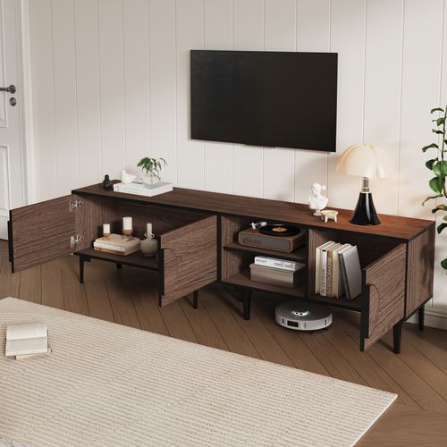 Meuble TV Moderne - 2 Portes - Étagères Ouvertes -capacité 80 Pouces -panneaux De Particules - Noyer