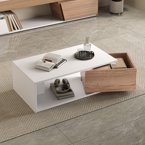 Table Basse - Design Moderne - Tiroir Rotatif 360° - Espace De Rangement - Mdf - Blanc + Chêne