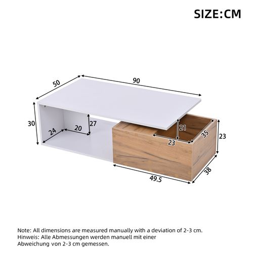 Table Basse - Design Moderne - Tiroir Rotatif 360° - Espace De Rangement - Mdf - Blanc + Chêne