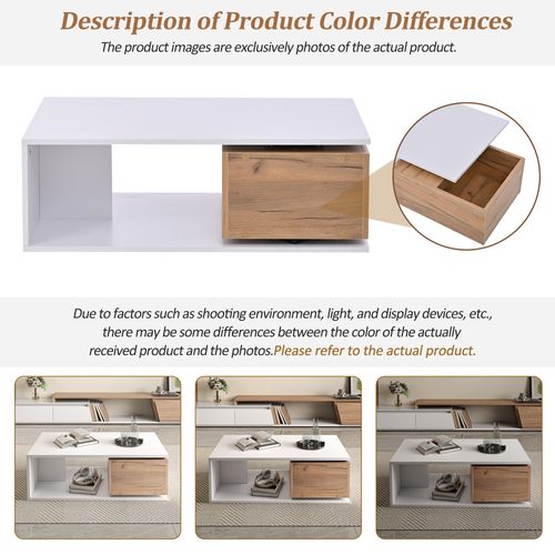 Table Basse - Design Moderne - Tiroir Rotatif 360° - Espace De Rangement - Mdf - Blanc + Chêne