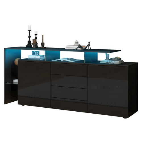 Buffet Rangement - LED Intégrée - Portes Fermées - Finition Brillante Moderne - Mdf - Noir