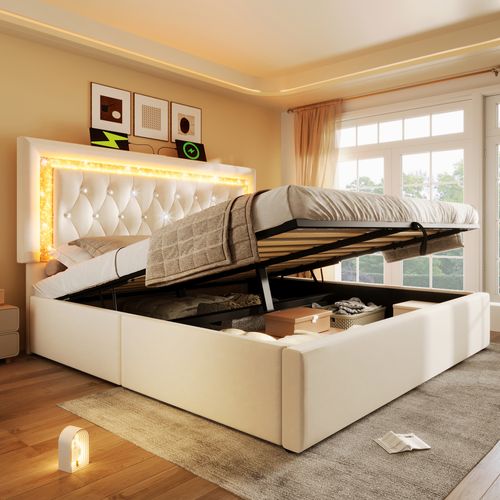Lit Coffre 140x200 Cm - LED Et USB Type-c - Tête Capitonnée - Rangement Hydraulique - Velours -beige