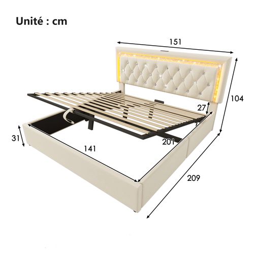 Lit Coffre 140x200 Cm - LED Et USB Type-c - Tête Capitonnée - Rangement Hydraulique - Velours -beige