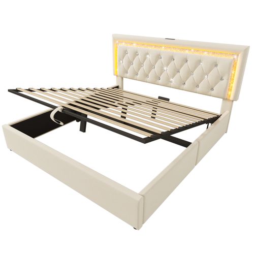 Lit Coffre 140x200 Cm - LED Et USB Type-c - Tête Capitonnée - Rangement Hydraulique - Velours -beige