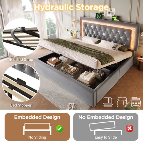 Lit Coffre 140x200 Cm - LED Diamant Et USB - Sommier à Lattes -rangement Hydraulique - Velours -gris