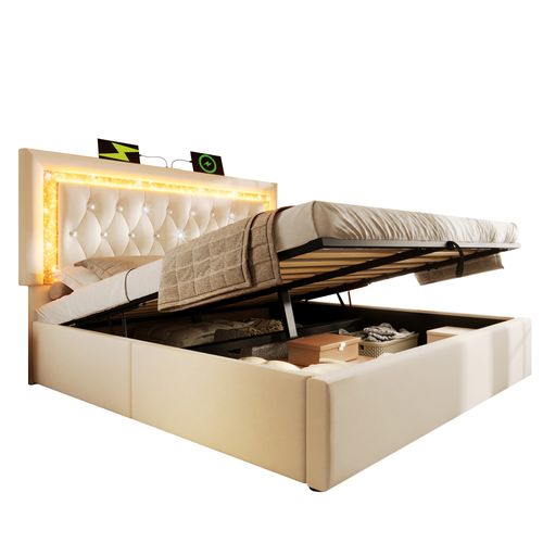 Lit Coffre 180x200 Cm - LED Et USB Type-c - Tête Capitonnée - Rangement Hydraulique - Velours -beige