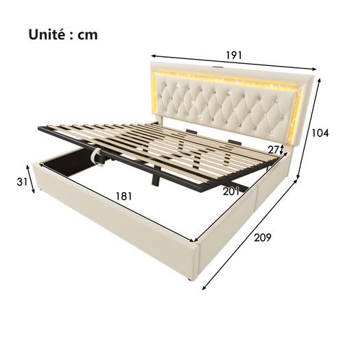 Lit Coffre 180x200 Cm - LED Et USB Type-c - Tête Capitonnée - Rangement Hydraulique - Velours -beige