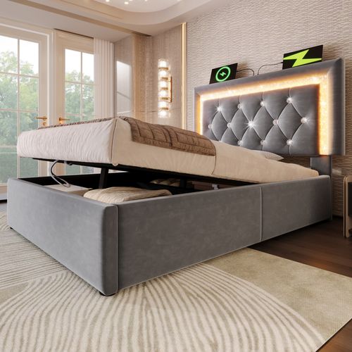 Lit Coffre 90x200 Cm - Tête LED Et USB - Rangement Hydraulique - Velours - Gris