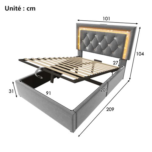 Lit Coffre 90x200 Cm - Tête LED Et USB - Rangement Hydraulique - Velours - Gris