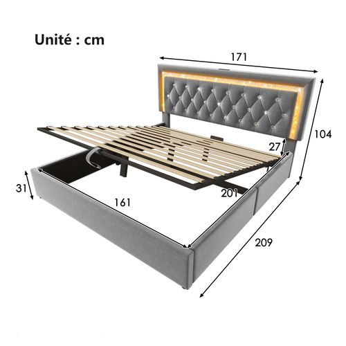 Lit Coffre 160x200 Cm - LED Diamant - USB - Rangement Hydraulique - Sommier à Lattes - Velours -gris