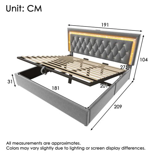 Lit Coffre 180x200 Cm - LED Diamant - USB Type-c - Station De Charge - Sommier - Velours - Gris
